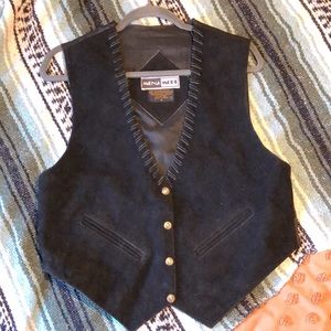 Black leather vest, M / Medium, button close vintage western